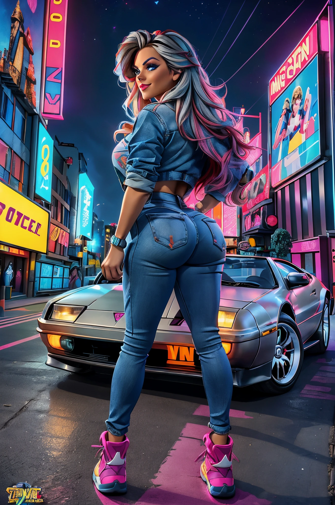 (best quality,4k,highres:1.2),ultra-detailed,(realistic:1.37),an attractive girl traveling through time in a vibrant 1990's scene,detailed eyes and face,longeyelashes, tight distressed jeans, watch on wrist and is viewable the the viewer, ((((really long legs)))), ample shapely backside, 90s hairstyle,stylish outfit,wide smile,bright red lipstick,blue eyes, stylish colorful hair, standing in front of a shiny silver Delorean,time-traveling car, bright neon lights illuminating the surroundings,cityscape with tall buildings and bustling streets,graffiti-covered walls reflecting the urban culture,colorful street art in the background,retro arcade machines and posters lining the sidewalks,twinkling stars decorating the night sky,flashing billboard advertisements showcasing the latest '90s trends,a mix of vibrant colors and bold patterns,pop culture references scattered throughout the scene,"Back to the Future" movie references and easter eggs hidden in the environment. ((((Movie Poster)))), ((((stylish hightop tennis shoes))))