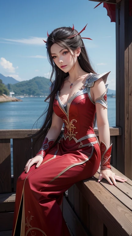 Arad woman in a red dress sitting on a lakeside dock, uma pintura fotorrealista inspirada em Du Qiong, CGSociety trend, arte de fantasia, Senhora na armadura vermelha, vestindo vestes vermelhas douradas, mulher anime bonita e sedutora, succubus em kilt apertado, vestindo vestes reais vermelhas douradas, armadura de prata e roupas vermelhas, fantasia