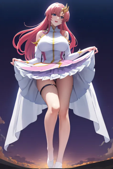masterpiece, best quality, highres, anime, lacus1, 1girl, solo, lacus1, 1girl, solo, pink hair, straight hair, hair ornament, white detached sleeves, blue eyes, white dress, purple skirt, long skirt, very long hair, bare shoulders, large breasts, (skirt li...