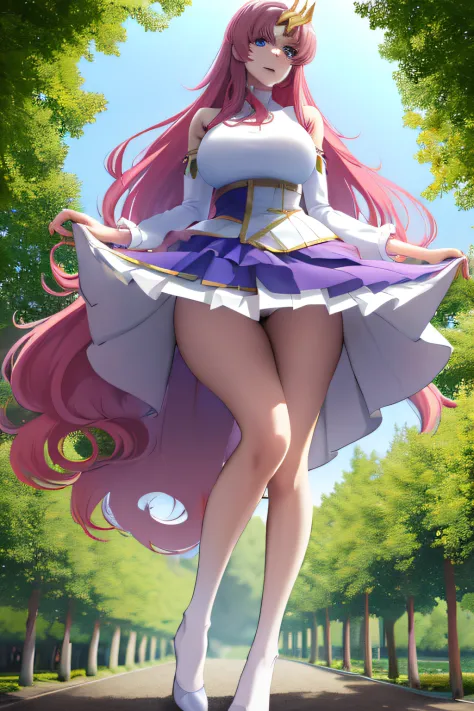 masterpiece, best quality, highres, anime, lacus1, 1girl, solo, lacus1, 1girl, solo, pink hair, straight hair, hair ornament, white detached sleeves, blue eyes, white dress, purple skirt, long skirt, very long hair, bare shoulders, large breasts, (skirt li...