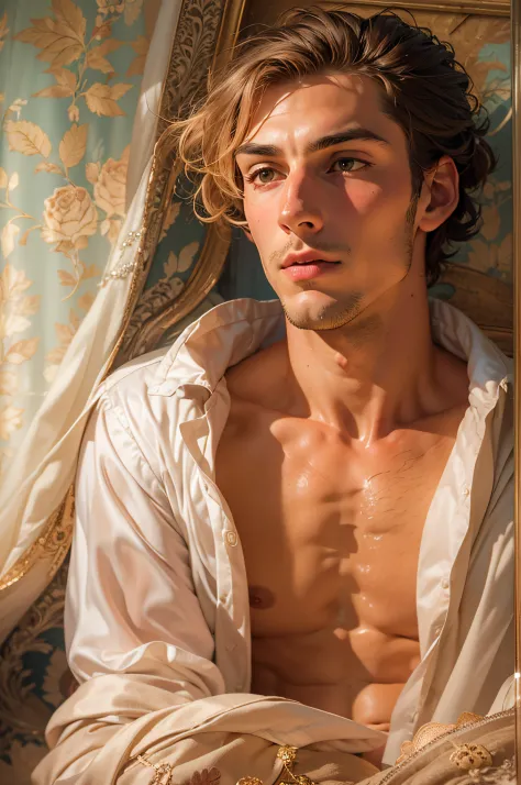 sporty, A handsome 15th century count awaits in the bedroom with a romantic atmosphere, exposed, groin covered with silk sheet, ...