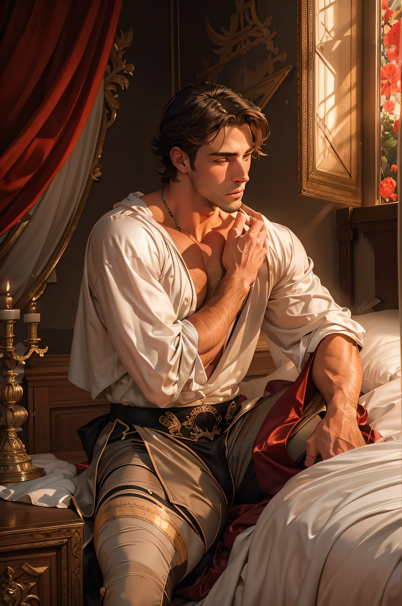 運動型的, 臥室裡有一位英俊的 15 世紀伯爵在浪漫的氛圍中恭候您的光臨, 裸露, 腹股溝蓋著絲綢床單, 誘人的, 色情, 想要性爱, 若弗雷·德·貝拉