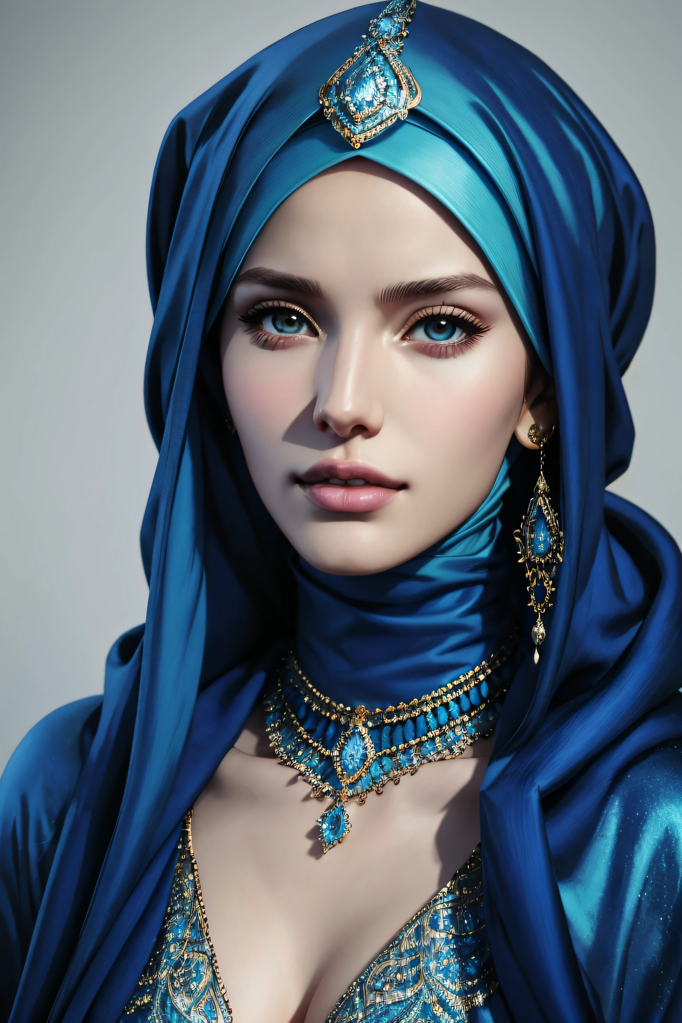 Bella Thorne, trägt einen Hijab aus Blau mit Schmuck und Diamanten , Charakterporträt, 4 9 9 0 Sekunden, kurzes Haar, kompliziert, elegant, sehr detailliert, digitale Zeichnung, artstation, Konzeptkunst, Glatt, scharfer Fokus, Illustration, Kunst von Wolp, Charlie Bowater und Alexandra Fomina