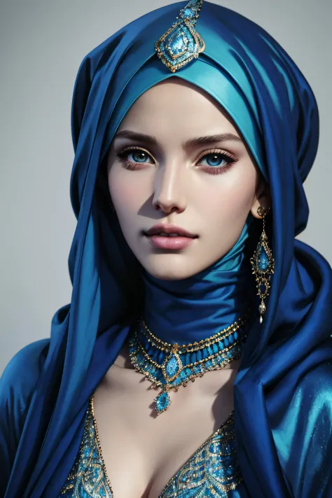 Bella Thorne, wearing a hijab made of blue with jewelry and diamonds , character portrait, 4 9 9 0 s, short hair, intricate, ele...