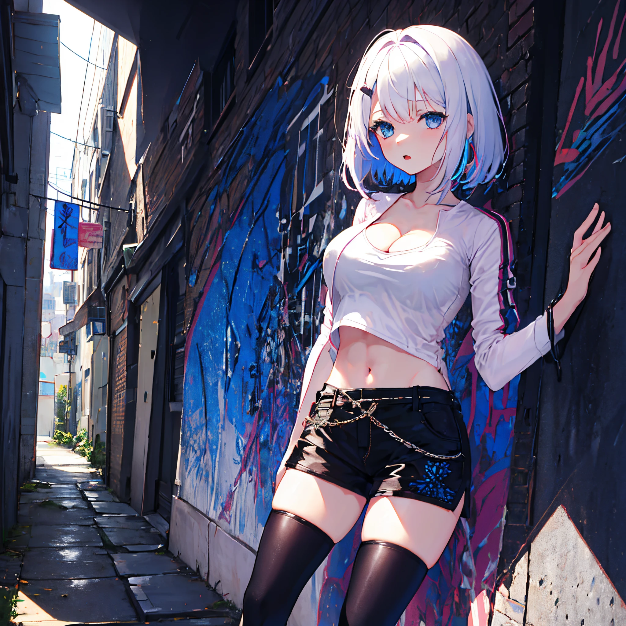 1 girl, solo, Shiina_Yuika, Nijisanji, gothic lolita, white hair with dark tips, blue eyes, cute blue hair clip, large breasts, cleavage, gothic sleeveless shirt, diamond-shaped boob window, crop-top, patterned black short trousers with belt, kneehigh socks, snickers, back against the wall, shoulder look, guitar, microphone, cold expression, stereo, alleyway in background