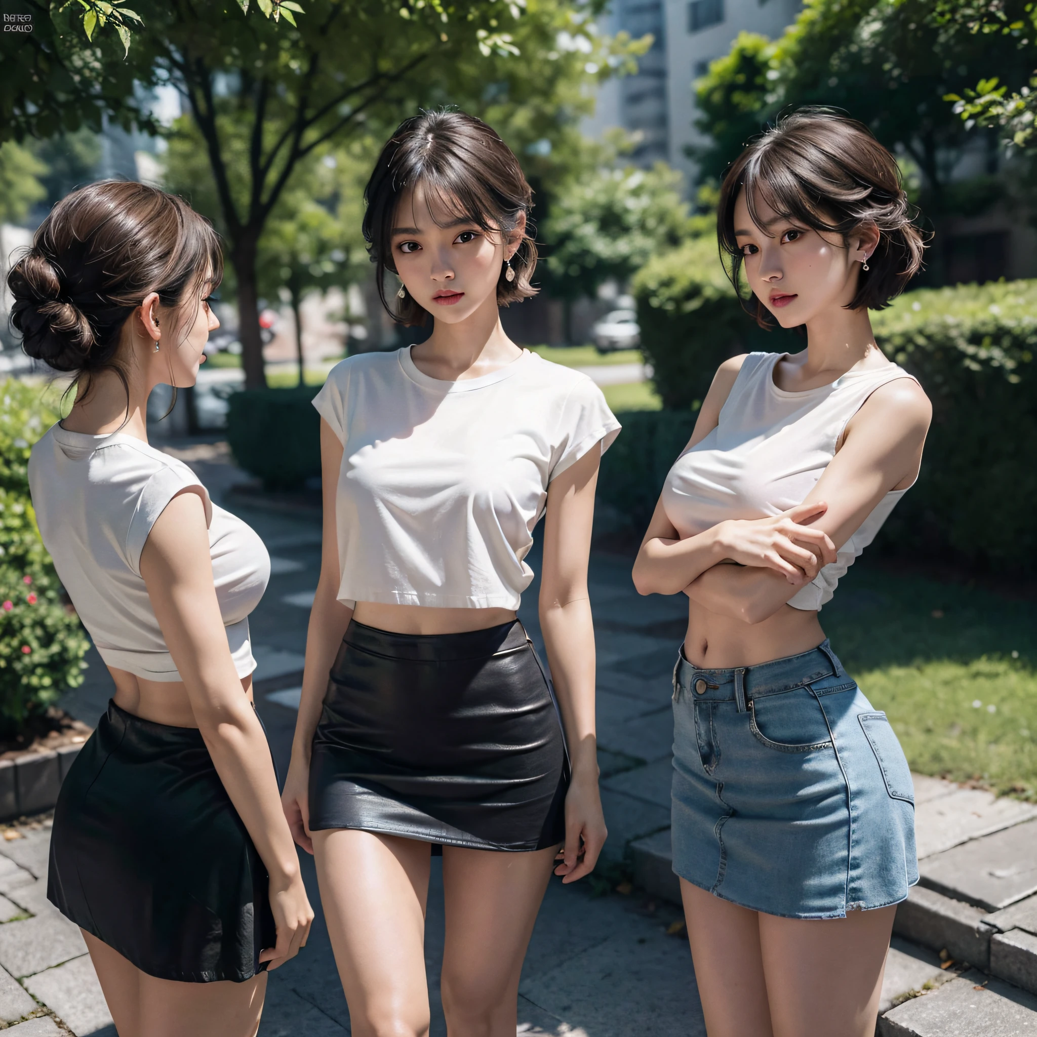 Three asian women in short skirts standing on a sidewalk - SeaArt AI