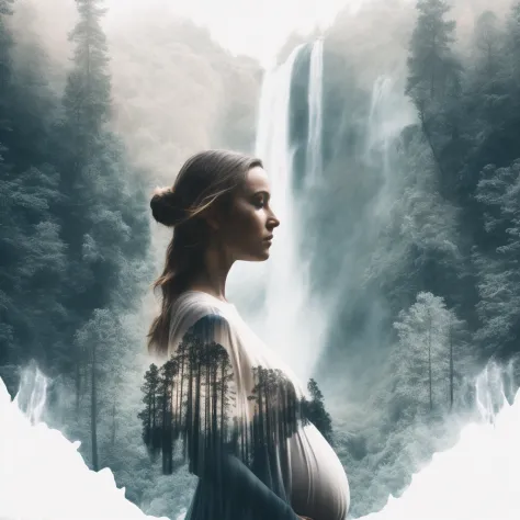pregnant woman in front of a waterfall with a forest and waterfall in the background, double exposure effect, double exposure po...