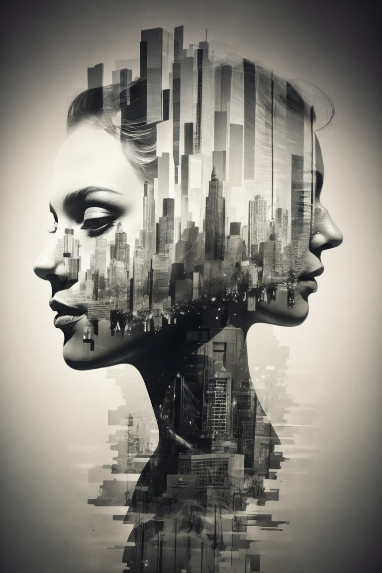 Blend abstract shapes or patterns with a human form, creating an avant-garde composition that sparks interpretation and creativity, resulting in a captivating and artistic double exposure.