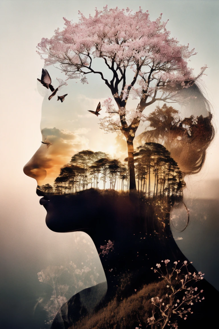 Fill the silhouette of a person with delicate flower blossoms, creating a poetic and romantic double exposure that symbolizes the connection between humanity and nature.