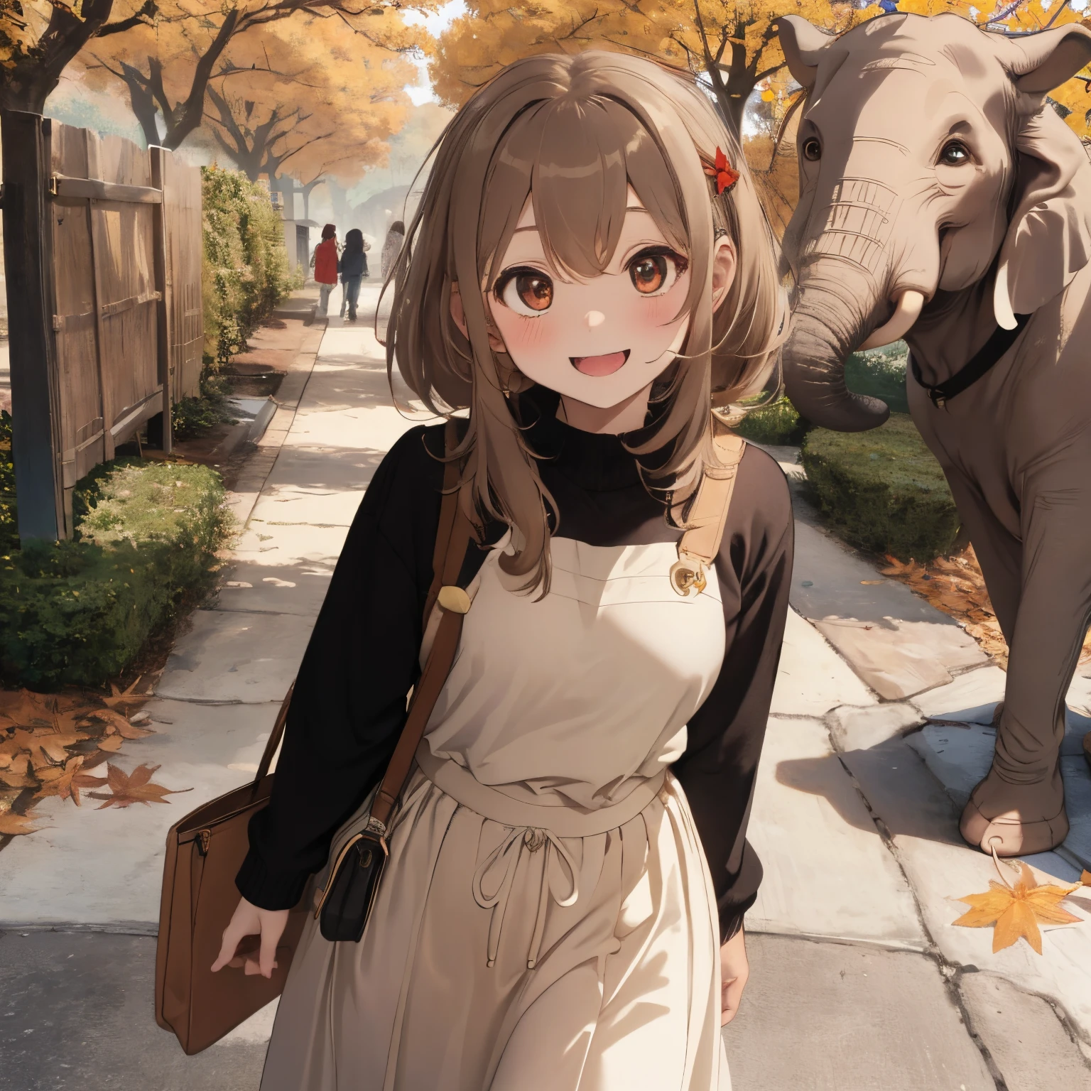 Anime girl walking down a sidewalk with an elephant behind her - SeaArt AI