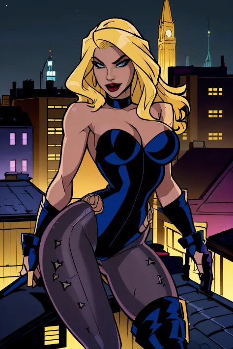 ((Black Canary is on the rooftops of the city at night)), ((Black Canary is wearing long stiletto boots, a short black leather jacket, a low-cut sleeveless black leotard, Fishnet pantyhose)), ((BLACK CANARY SUPERHEROINE DC Comics)), ((Black Canary Heroic p...