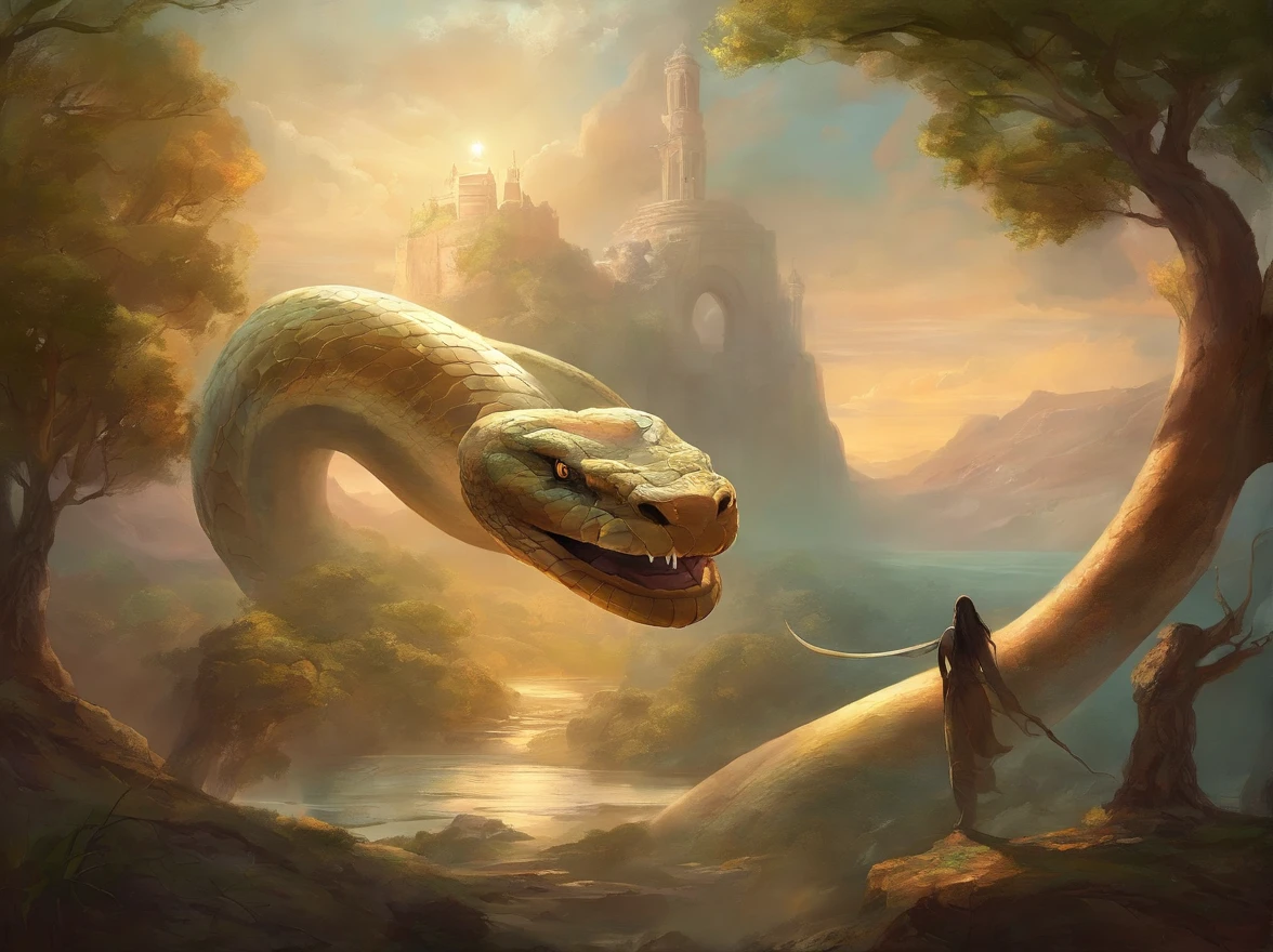 A man is walking a snake through a forest with a castle in the ...