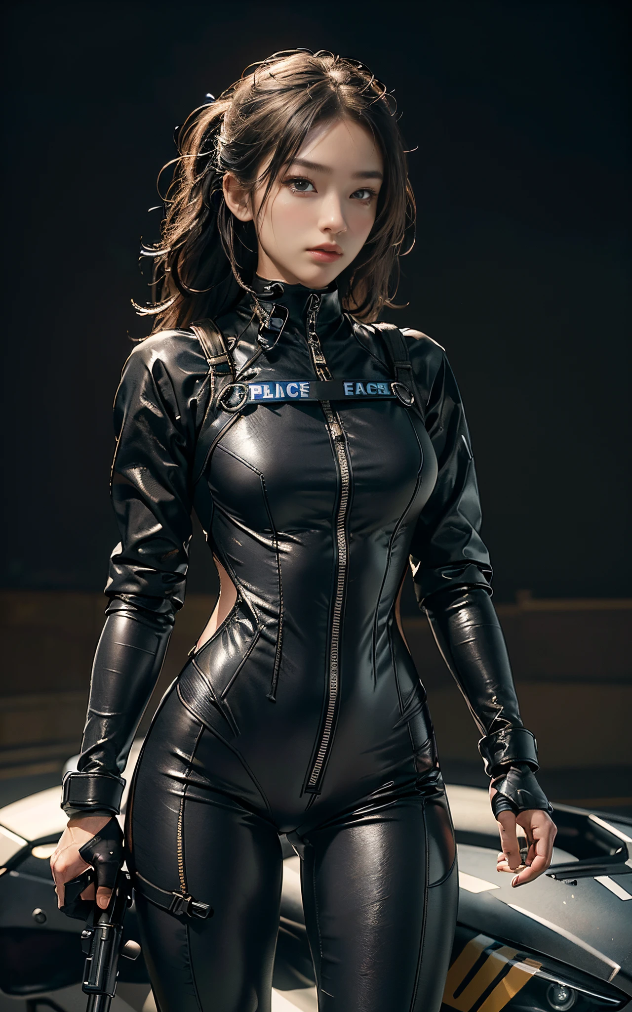 Highest image quality, outstanding details, ultra-high resolution, (realism: 1.4), the best illustration, favor details, highly condensed 1girl, with a delicate and beautiful face, perfect proportion, ((cowboy shot)), (wearing black nylon racing suit likes police uniform, black and gray mecha, wearing a night-vision goggle, military harness, holding a handgun), simple background gey