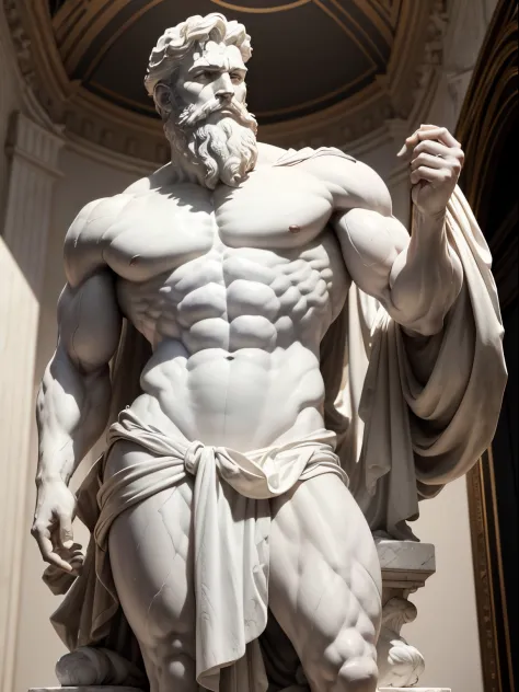 Statue of a man, Michelangelo's style, looks like Hercules, with a beard, White marble sculpture with muscles, Classical realism, male, The entire body and lower part are covered with fabric......., dressed in white cloth, black background without details