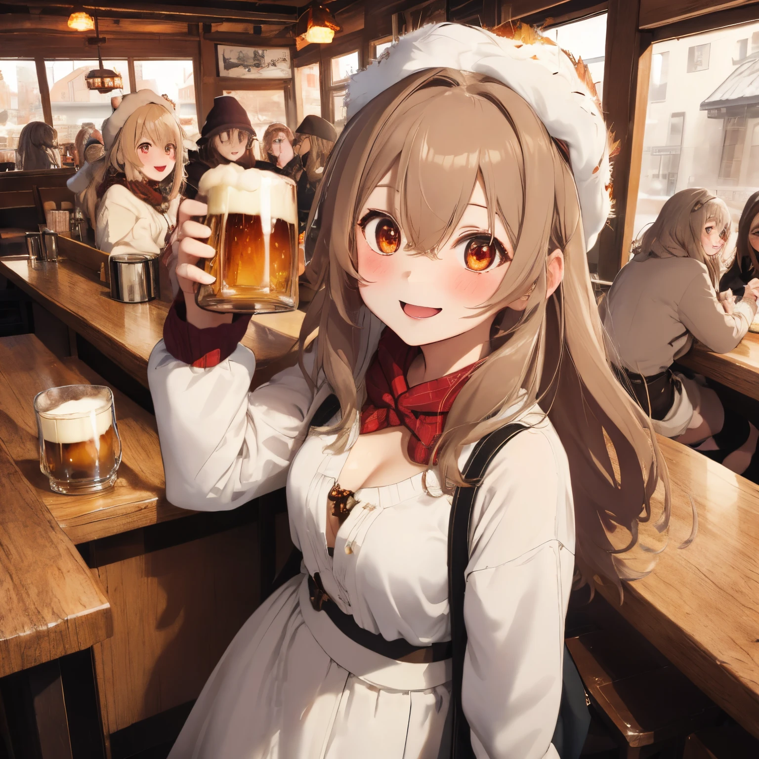 A restaurant full of people with fluffy hair,light brown and white mixed hair,Fluffy hat,Winter clothes with a wide open chest,Warm long skirt with baggy long sleeves,Autumn landscape,Colored leaves,Beer mug in hand,Drinking,cheerful toast pose,Slight red tide,A smile,eyes are shining brightly,Looks excited,AHE Face,ecstacy,Hollow eyes,Drunk,chest is slightly red,Lustrous skin,