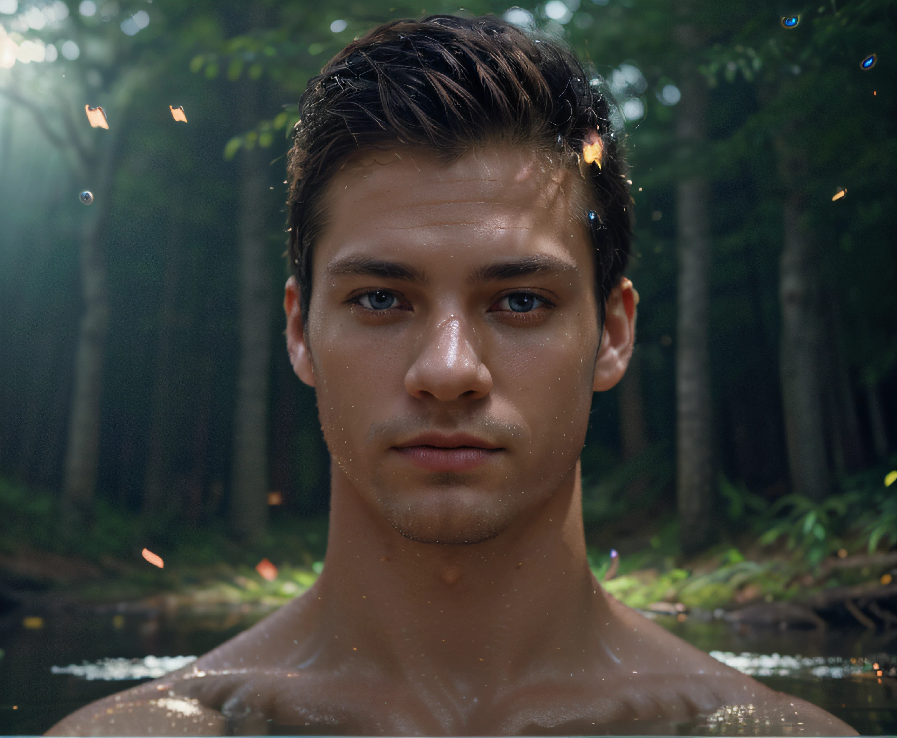 A Close Up Of A Man In A Body Of Water With Trees In The Background