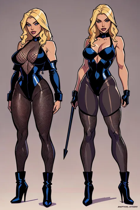 1woman, Black Canary, Black Canary from DC comics, long blonde hair, blue eyes, ((Black Canary is wearing long stiletto boots, a short black leather jacket, a low-cut sleeveless black leotard, Fishnet pantyhose)), has a confident expression and sarcastic s...