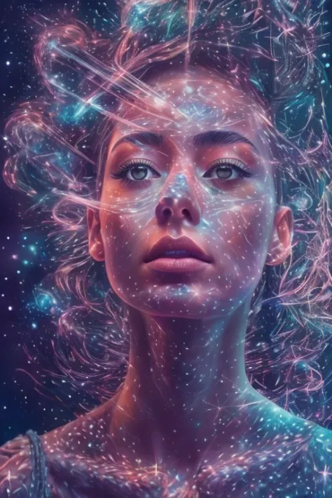 （multiple exposure：1.8），Dubrec style，Girl virtual holographic digital avatar，Futuristic magnificent starry sky image foreground，...
