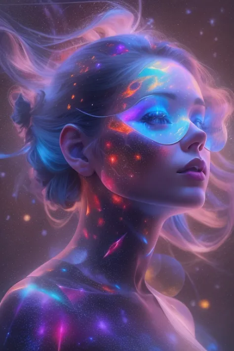 （multiple exposure：1.8），Dubrec style，Girl virtual holographic digital avatar，Futuristic magnificent starry sky image foreground，...