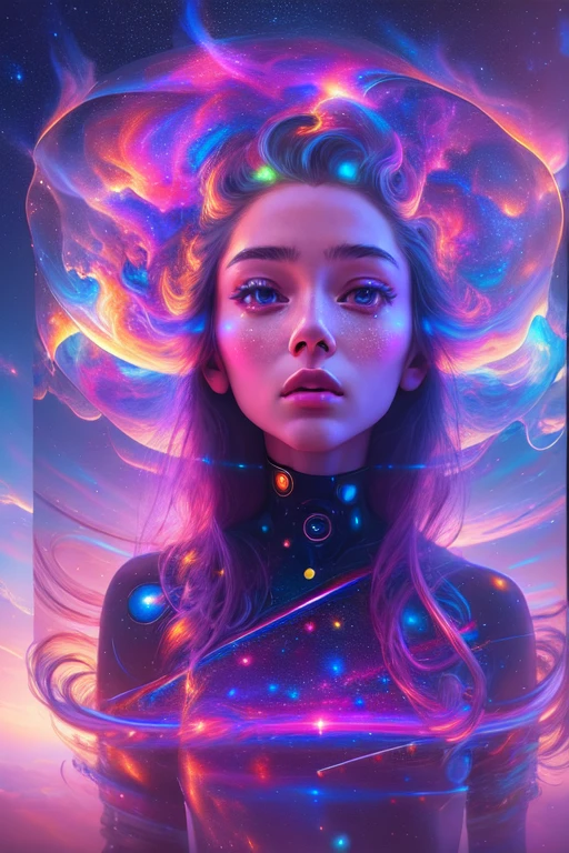 （mehrfache Belichtung：1.8），Dubrec-Stil，Virtueller holografischer digitaler Avatar für Mädchen，Futuristischer prächtiger Sternenhimmel im Vordergrund，psychedelischer Sternenhimmel，im Weltraum，Komplexe Illustrationen im surrealistischen Kunststil，Surreale Träume，Werde zu einem unsichtbaren virtuellen Hologramm，Transparenter Personenavatar，Virtuelles holografisches digitales Bild，surreale Kunst, 4K-Surrealismus, Surreales Porträt, Wunderschönes surreales Porträt, hyperrealistische digitale Kunst, surreale und Fantasy-Kunst, hyperrealistische digitale Kunst, surrealistisches Porträt, surreale Kunst, Emotionale surreale Kunst, Fantasie Surrealismus, 8k Surrealismus, Surreale Konzeptkunst