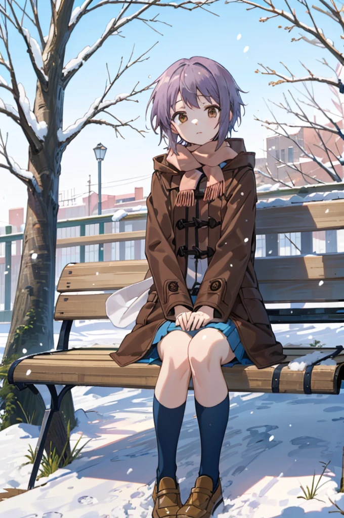 (masterpiece),(best quality), yuki, brown coat,  scarf, kneehighs, blank eyes, inexpressive face, park, waiting, bench, snow, snowing, tree, nature,