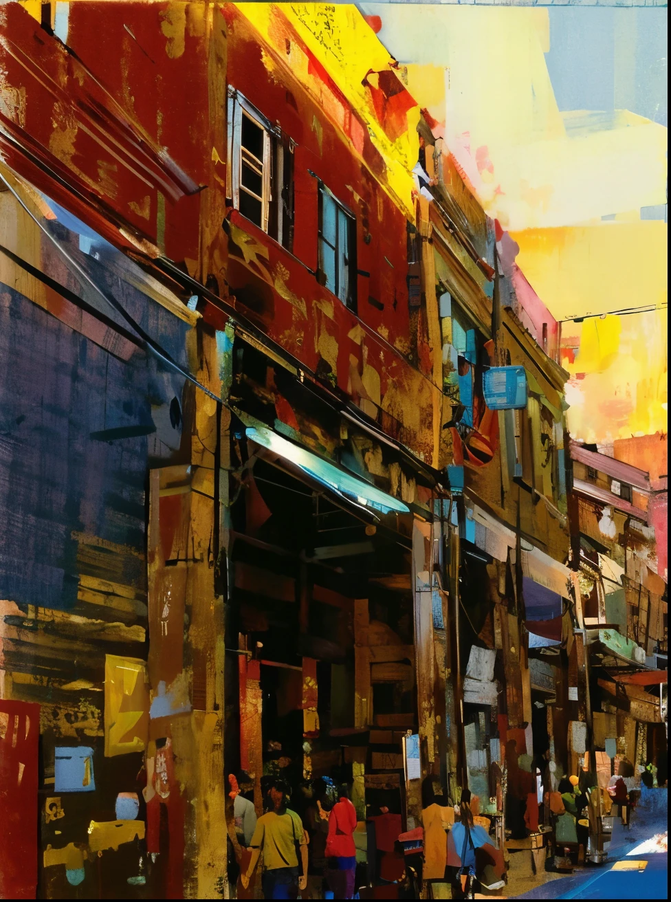 People walking on city streets with ancient buildings,Southeast Asia arcade, Ancient building, old shops, Building facades, rundown buildings, ancient buildings, exterior, seen from outside, Kowloon Walled City style, well worn, bigger, Chinatown, Sunnyday,Sunlit view from bottom
