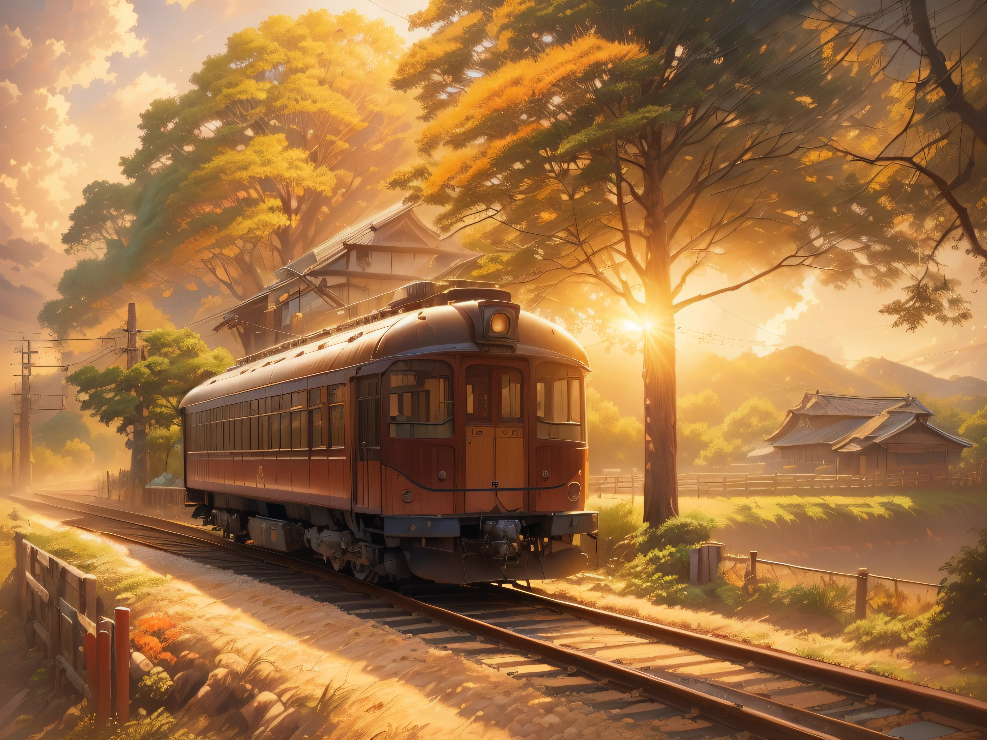 (((dessus de la table))), haute qualité, extrêmement détaillé, Vieux train japonais à une voiture, Gare rurale, lumière du soleil, matin, lever du soleil, Paysage d&#39;automne, illustration ultra fine, (((peinture à l&#39;huile))), vrai photo, dessin au trait, Approche de la perfection, incroyablement détaillé, art conceptuel, épique, cinématique,