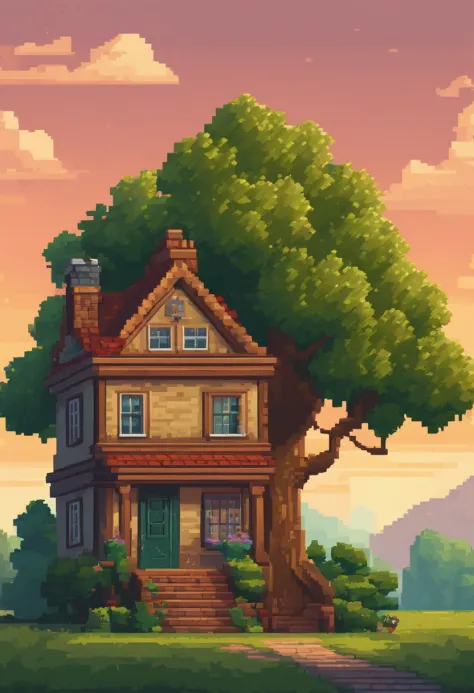 pixel art of a house with a tree in front of it, beautiful detailed pixel art, detailed pixel art, lo-fi retro videogame, concept pixelart, detailed pixel artwork, pixel art style, pixel town, pixel art animation, high quality pixel art, cottage town, supe...