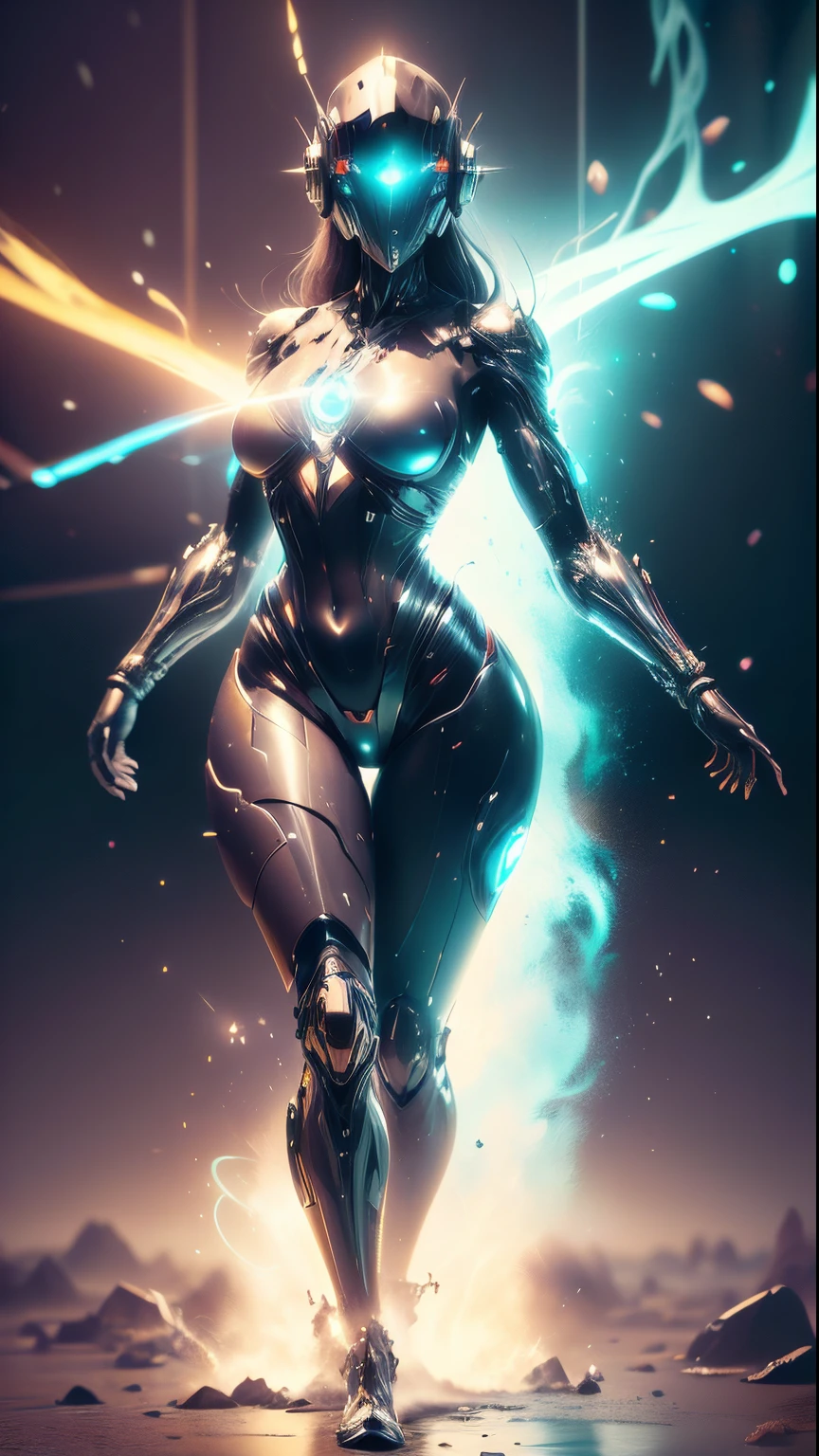 ((Best Quality)), ((Masterpiece)), (detailed: 1.4), ....3D,  woman in thick neon and protective armor with generative helmet ai cyberpunk voluminous hair, light particles, Pure energy, chaos, antitech, HDR (High Dymanic Range), ray tracing ,NVIDIA RTX, Super-Resolution, Unreal 5, subsurface dispersion, Textured PBR, post-processing, Anisotropic filtering, depth of field, Maximum clarity and sharpness, Multilayer textures, Albedo and specular maps, surface shading, Accurate simulation of light-material interaction,perfect proportions,Octane representation,two tone lighting,wide opening,Low ISO,white balance,rule of thirds,RAW 8K