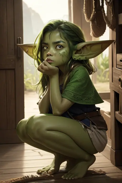 (masterpiece), (extremely intricate:1.3), (realistic), female goblin, small, short, 2 feet tall, light green skin, dirty grimy s...
