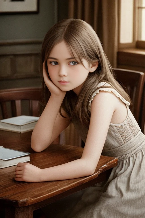 Genere una imagen de difusión estable de una niña colocada sobre una mesa de madera en una habitación suavemente iluminada.. La joven es francesa., con visible cansancio y lágrimas, mostrando su estado de ánimo. La joven está colocada ligeramente inclinada., con los ojos mirando al espectador. La iluminación es cálida y difusa., simulando el brillo de la luz del sol de la tarde a través de cortinas transparentes.

La mesa de madera tiene un rico, acabado caoba, y hay un sutil reflejo de la joven en la superficie de la mesa.. Rodeando a la joven, Hay accesorios de fotografía antiguos cuidadosamente dispuestos, como una correa de cuero para cámara., un viejo bote de película, y un par de gafas vintage. el fondo está borroso, enfatizando el enfoque principal en la joven.

La paleta de colores debe evocar una sensación de nostalgia., con tonos cálidos dominando la escena. Destaca las texturas de la joven., Especialmente la piel suave y perfecta y los detalles de sus ojos azules.. Apunta a una composición equilibrada, con la joven colocada descentrada usando la regla de los tercios.

Genere una imagen que capture la esencia de la fotografía antigua., prestando atención a los detalles mencionados anteriormente. Si es posible, imparte un sutil efecto de grano de película para mejorar la sensación nostálgica de la imagen..