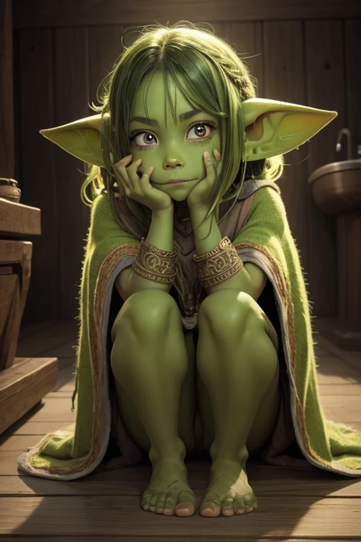 (masterpiece), (extremely intricate:1.3), female goblin, small, short, 2 feet tall, light green skin, dirty grimy skin, long, pointy ears are slightly crooked, her sharp teeth are partially rotten due to poor dental hygiene, messy green hair hangs in tangles around her face, partially obscuring her bright green eyes, She wears a ragged poncho, barefoot, large silly hate, cute