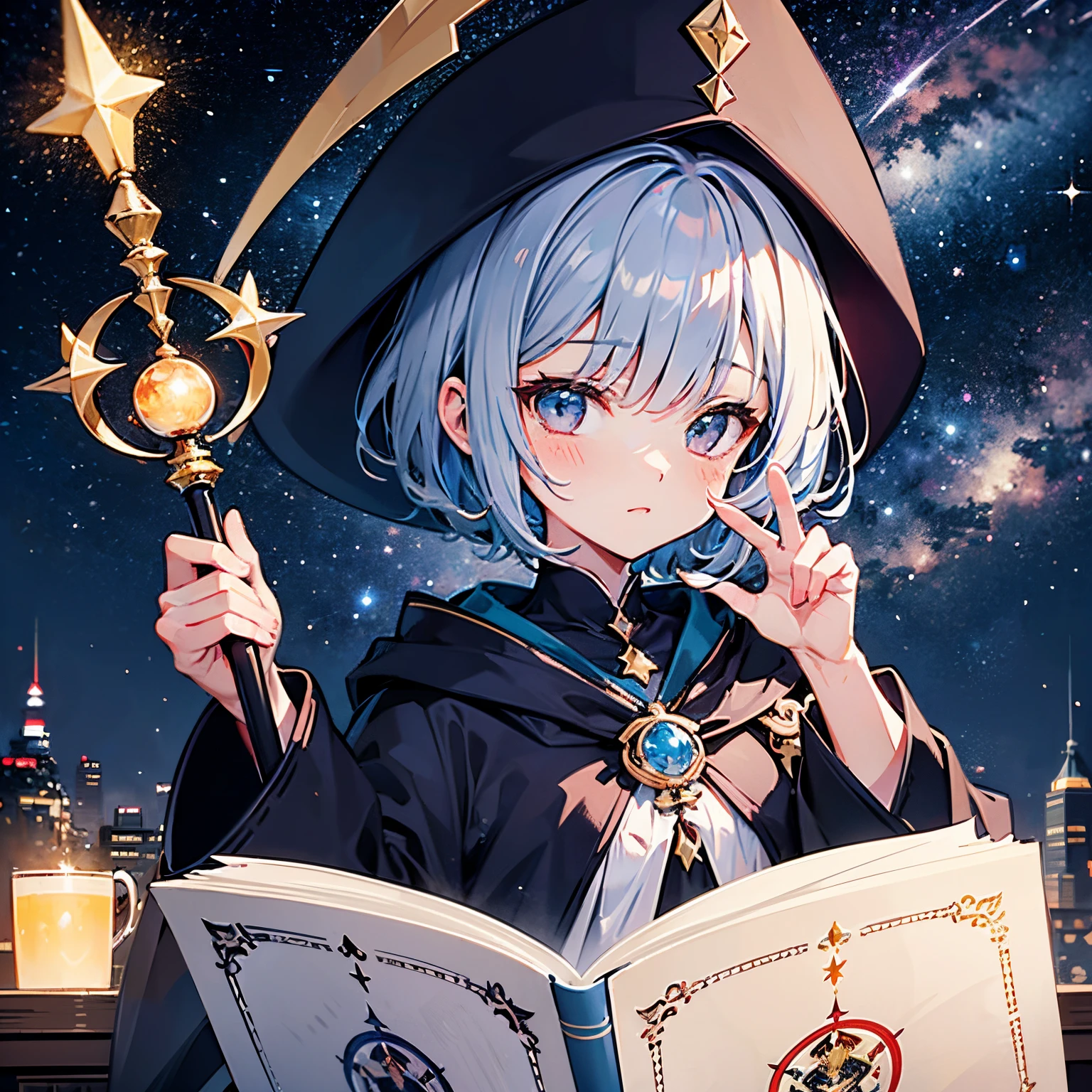 Anime girl with blue hair and a hat holding a wand - SeaArt AI