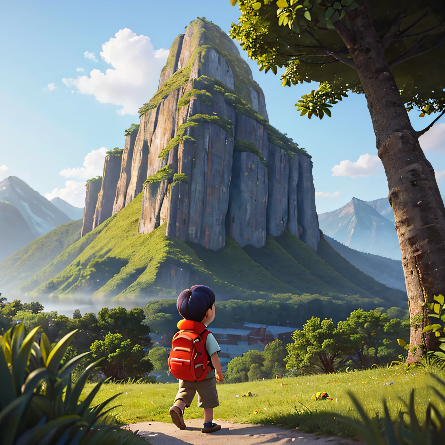 Picture a  with his backpack, heading towards the forest, gazing at a mountain ahead. Describe the scene as the child walks towards the forest, captivated by the looming mountain in the distance. Capture the sense of wonder on his face as he contemplates the adventure that awaits him in the woods and the challenges presented by the towering mountain on the horizon