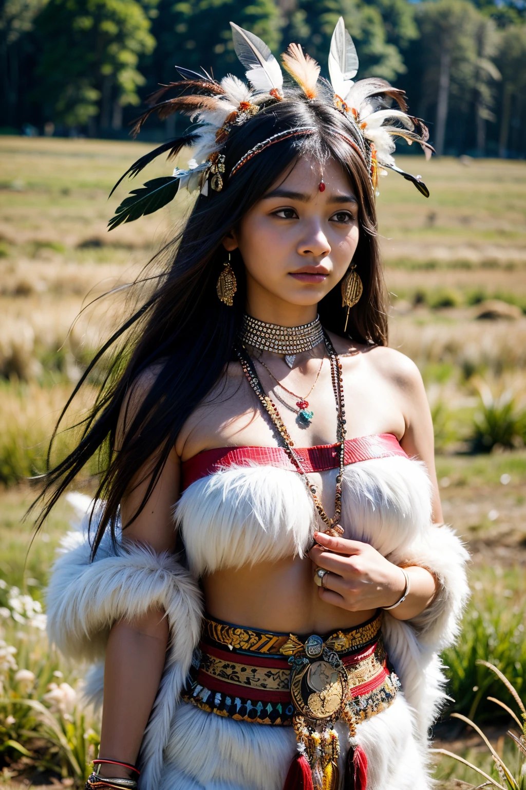 8К, высшее качество, ультра детали, Коренная женщина, Традиционный наряд, головной убор из перьев, племенные узоры, природный фон, гордое выражение, Культурное наследие