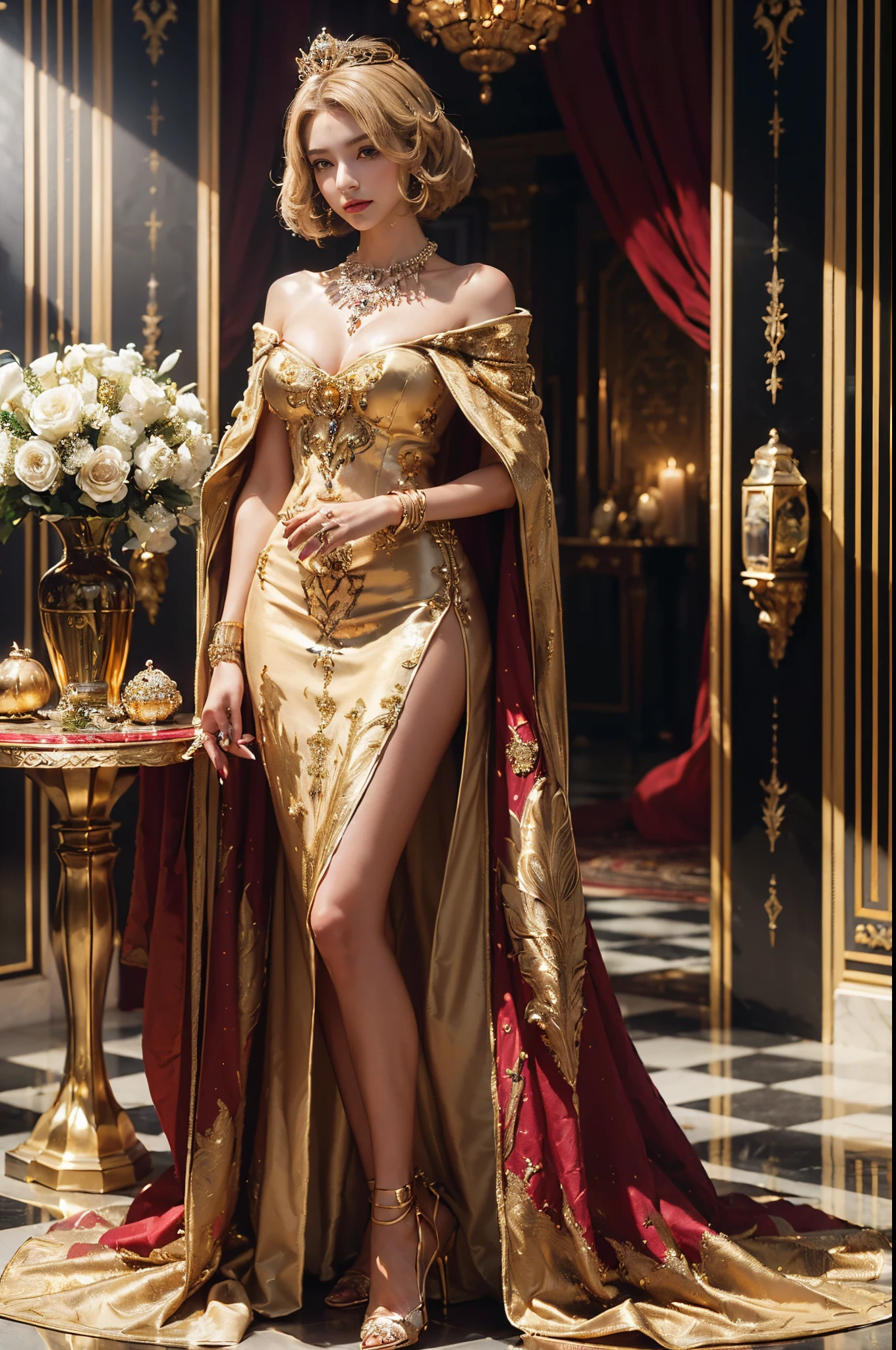 (schöne Königin, mittellanges Bob-Haar, Stand in der King&#39;s Hall, (Luxus-Krone), (Luxus-Umhang), Tragen (detaillierte luxuriöse Haarnadel), (Detail Luxus Königin Kleid), (Luxus High Heels), (detaillierte Verzierung), (Detailzubehör), teure detailreiche Halskette, goldene Blumenvase auf Luxustisch, Luxus-Parfümflasche, Luxuriöse Wanddekoration, Luxus-Fenster mit goldenem Rahmen, Luxus-Königssaal, Detail Luxus goldene Lampe, Luxuskerze, schönes Gesicht, hübsches Gesicht, schöne Augen, schöne Nase, Raytracing, schöne Finger, schöne Hände, (Luxus Armschmuck), (Luxus-Armband), (Luxus-Ring), (Luxus Halskette), (4 Finger in 1 Hand), Ganzkörperbild, hübsches Make-up, perfekte Anatomie, gute Beleuchtung, professionelles Fotoshooting