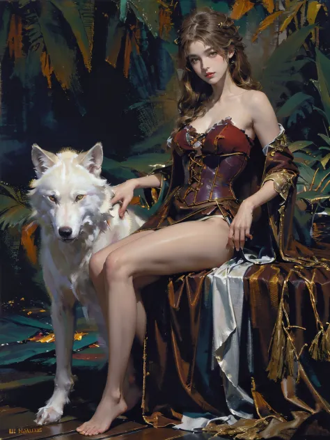 Depicting a Huntress&#39; Encounter with the wolf，(((Teenage girl)))，(((white wolf)))，(((The wolf is as big as a man))),Quiet an...