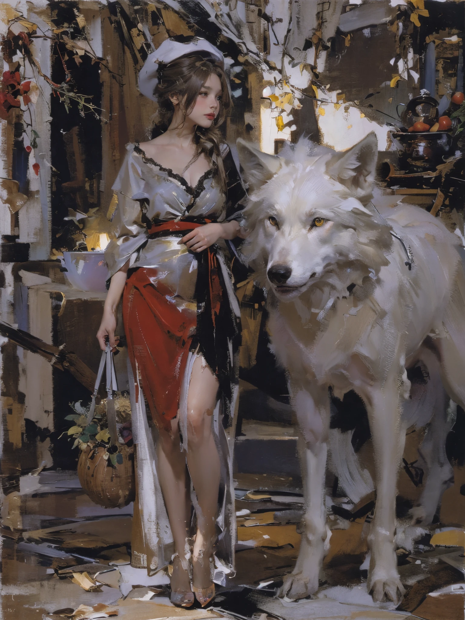 Describe the scene where the girl in red meets the wolf，(((Teenage girl)))，(((white wolf)))，(((The wolf is as big as a man)))，Quiet and harmonious atmosphere，(Clothes are tattered and exposed :1.4)，(((Light brown hair)))，(((coiffed blonde hair)))，(((Silver hair)))，Dramatic composition，warm color palette，Correct anatomy，Detailed faces, Detailed eyes，（Girls wear：Red Hat, cloaks, big bust bra, a skirt, Red dress，laced dress，Carrying a basket of fruit），Background with：luring，natural  lightting, Candy   House，a fairy world，Close-up cleavage，sexy legs，((Sexual suggestiveness))，Correct anatomy，Detailed face, Detailed eyes，(post impressionist),(Fechin Oil Painting - Fechin Oil Painting , oil painted), 01