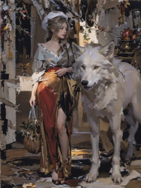 describe the scene where the girl in red meets the wolf，(((teenage girl)))，(((white wolf)))，(((the wolf is as big as a man)))，qu...