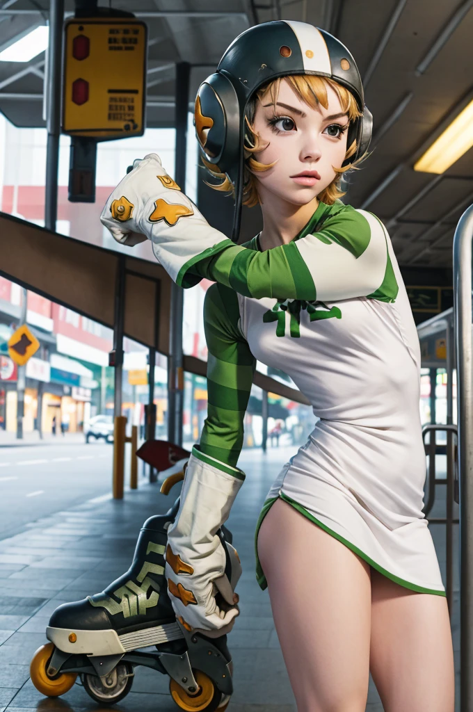 1girl, solo, jsrgum, helmet, short dress, striped sleeves, white gloves, roller skates, on a bus station, cross-body stretch, stretching