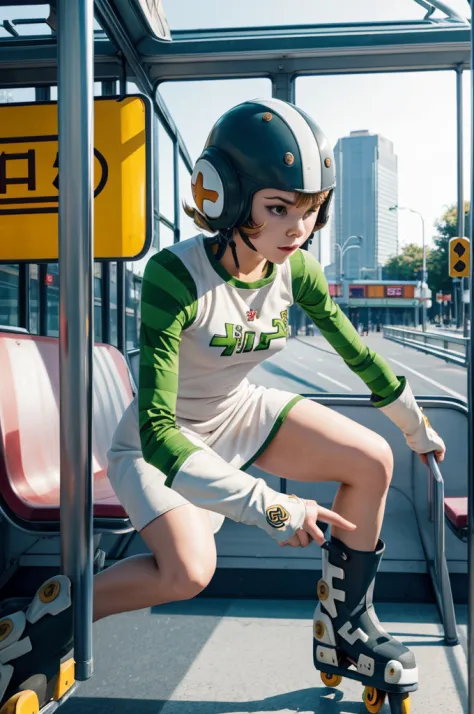 1girl, solo, jsrgum, helmet, short dress, striped sleeves, white gloves, roller skates, racing pose, skating on a bus station