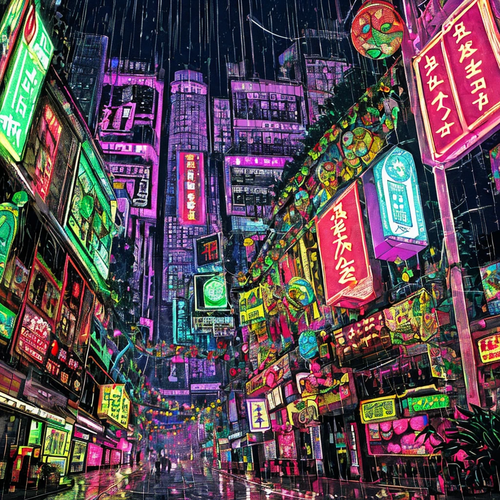 neo hong kong, bloody rainy atmosphere, night time, bright lights, colorful signs, busy streets, high res, kowloon | old ancient chinese website full of spam. internet explorer window is glitching out. mum wtf | cybergoth decora glitchcore white peacock, sanrio ornaments, pastel creepy cinematography trending on pixiv