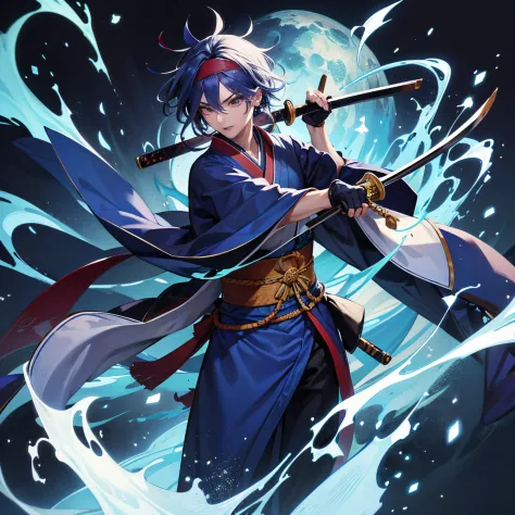 personagem hashira com uma bandana cobrindo um dos olhos, olhos vermelhos, cabelos brancos, wearing a dark blue kimono and with ...