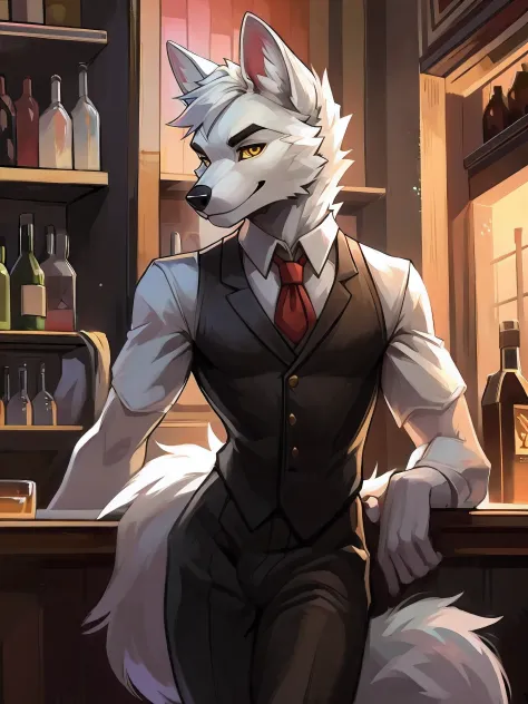 1 character, male, arctic wolf, yellow eyes, long tail, leaning, bartender