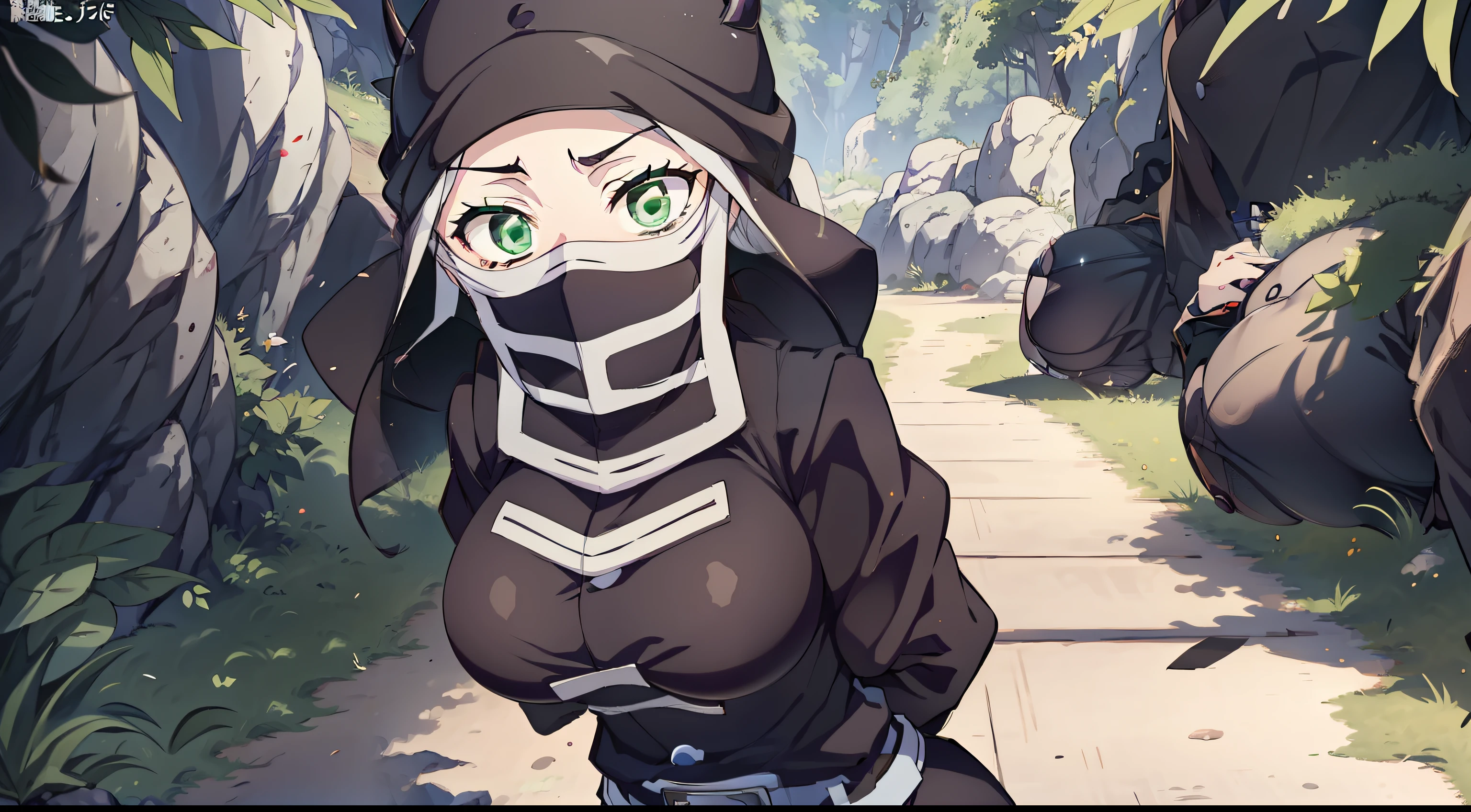 Anime girl with green eyes and hoodie walking down a path - SeaArt AI