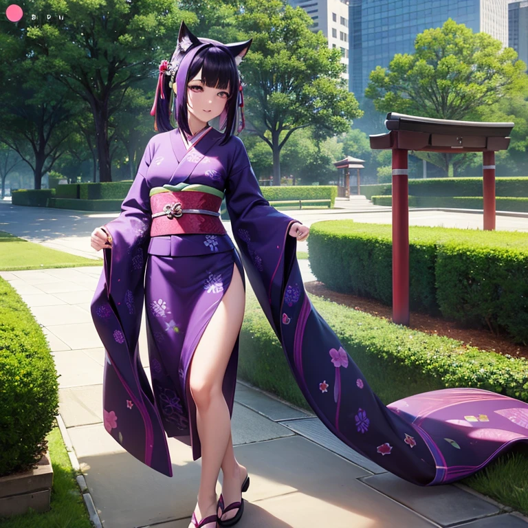 Only one woman , There's an adult woman in a park, MILF, Japanese Kimono , unicorn print, shiny skin, cat ears,, Dark purple hair, black hair and purple streaks, cat ears on head, beautiful chest, Second life avatar, Beautifullscreenshot, Second life,, full body view, Front view, seductive woman, high quality, Very detailed skin