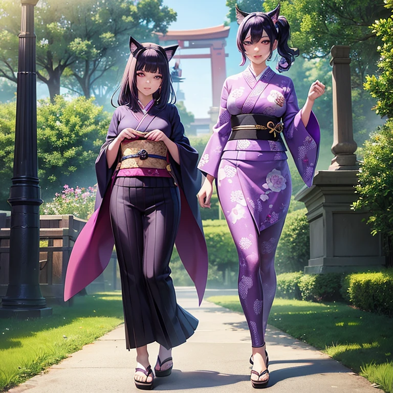 Only one woman , There's an adult woman in a park, MILF, Japanese Kimono , unicorn print, shiny skin, cat ears,, Dark purple hair, black hair and purple streaks, cat ears on head, beautiful chest, Second life avatar, Beautifullscreenshot, Second life,, full body view, Front view, seductive woman, high quality, Very detailed skin