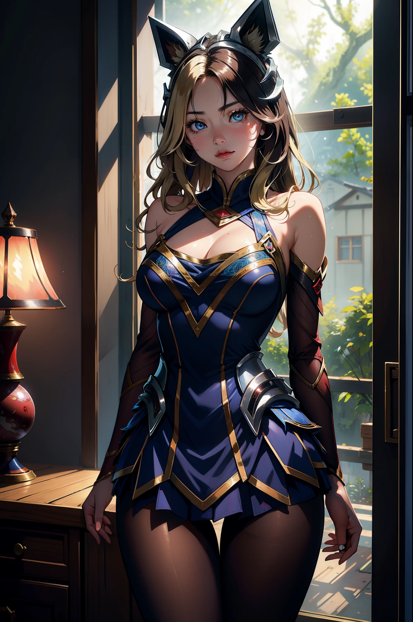 (tmasterpiece, Best quality at best:1.2), Complicated details, Hard Ahri, 1个Giant Breast Girl, a skirt, separated sleeves, Chopping, Colorful hair, Blonde hair, brunette color hair, Animal ear, lacepantyhose, Beard markings, Multi-tailed, energy sphere, The upper part of the body, Best quality at best, tmasterpiece, Ultra-high resolution, (realisticlying:1.4), RAW photogr, (authentic skin texture:1.3), (filmgrain:1.3), in a panoramic view, figure portrait, super wide shot, A half body, Willow waist, cow boy shot, in the darkness nigth, deep shading, low tune, cold light, the night, indoor, A ray of light, dust, dingdall effect, sad, Disappointmentd, Gloom (Expressing the), vacant eyes, By the window, 1个Giant Breast Girl, beautiful detailed eyes and face, cropped shoulders, low head, Brown eyes,