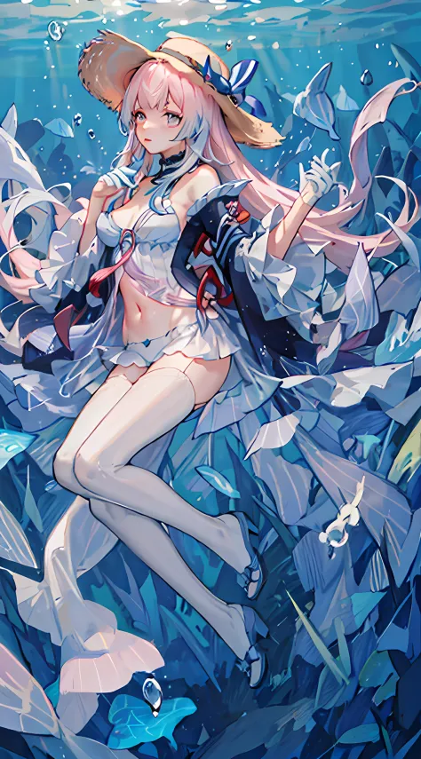 1girll，Straw Hat Hat，white swimwear，比基尼，Bare belly，Long messy hair，short transparent dress，see-through sleeves，A lot of smoke，Exquisite，Elegant colors，high detal，tmasterpiece，ultra - detailed，dynamic angle，Mural background，water ink，astounding，cinmatic lig...