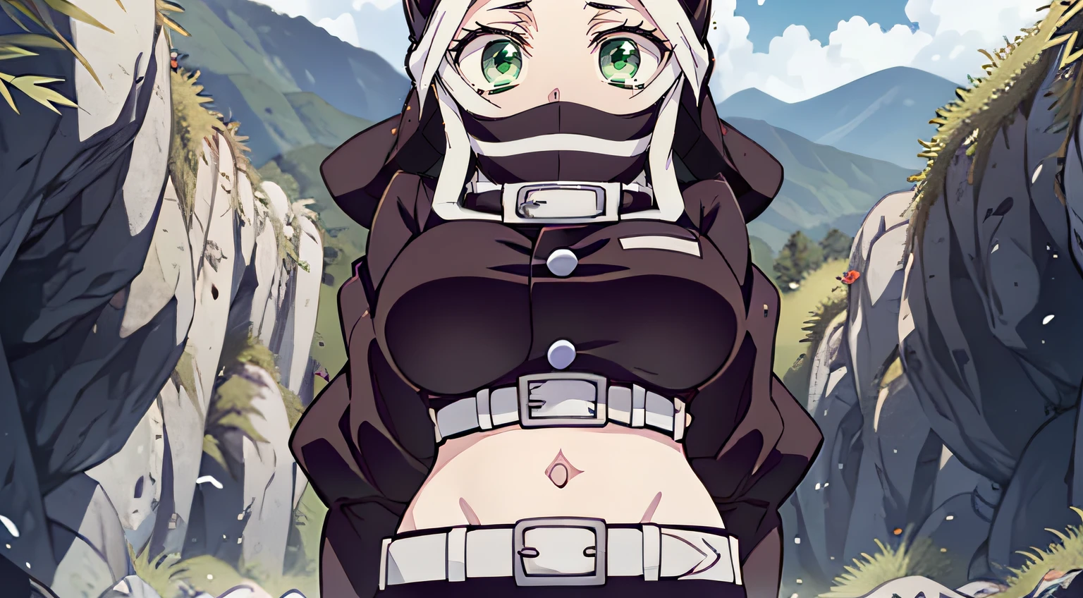 Anime girl with green eyes standing in front of a mountain - SeaArt AI